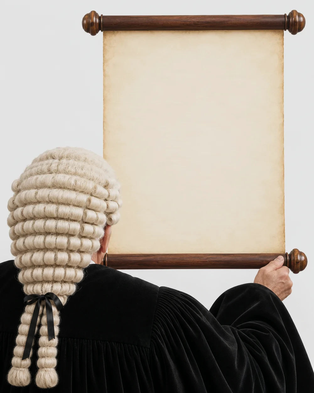 A judge in wig and robes, seen from behind, holding up a scroll